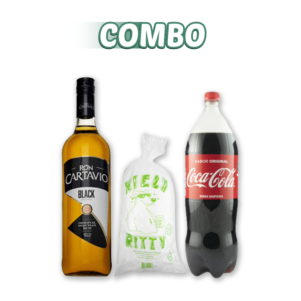 Coca cola 1.5 Lt.

Hielo Ritty bolsa

Ron Cartavio black 1 Lt.
