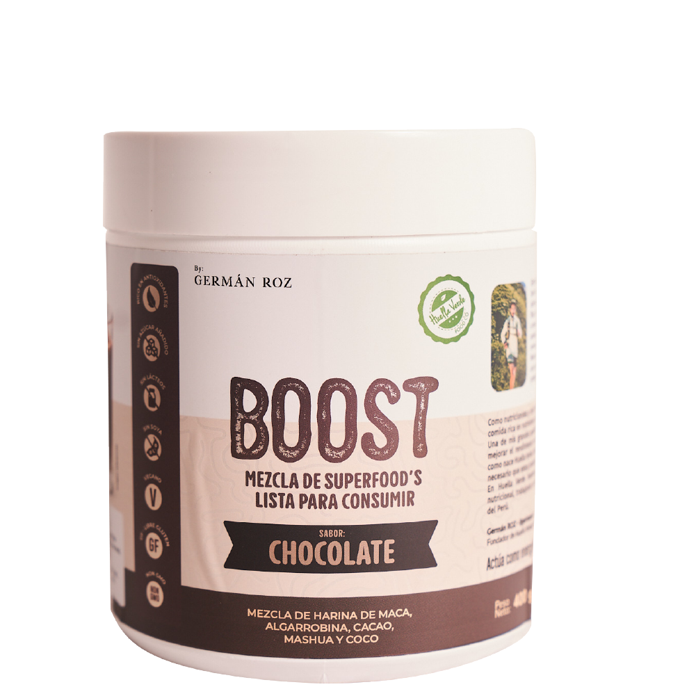 Promocion por tiempo limitado Boost

Energizante natural dándole ese Boost para tu día, potenciando mente y cuerpo.

Contiene harina de maca, algarrobina, cacao, mashua y coco.

Pomo 400gr

 
